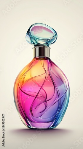 Elegant perfume bottle with a vibrant gradient design on a light background