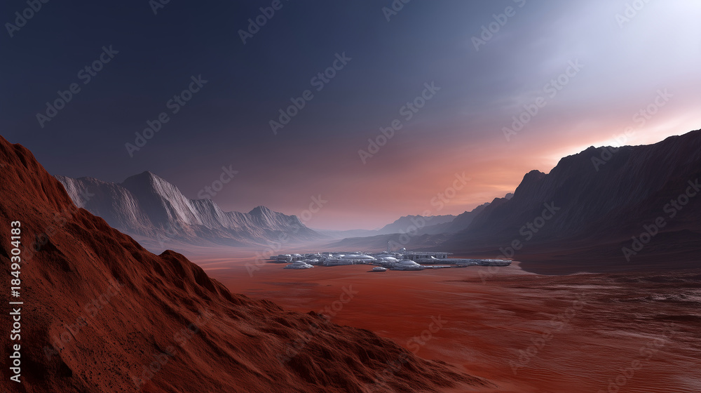 Naklejka premium A futuristic human settlement on the surface of Mars, vast red desert landscape under a dusty orange sky, advanced space base with modular habitats, landing platforms and communica