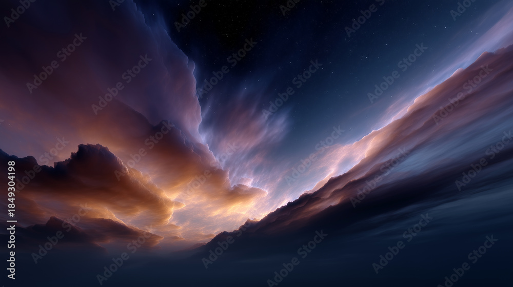 Fototapeta premium A vibrant nebula cloud floating in deep outer space, swirling colors of vivid orange, purple, and blue blending with dark starry background, i
