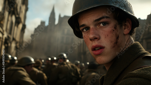 Young soldier face smudged with dirt looking back in battlefield street scene emotional tension