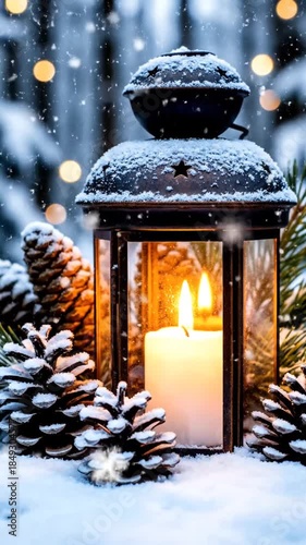 Lit lantern in snowy winter scene with pine cones and candle flame illuminated by soft light