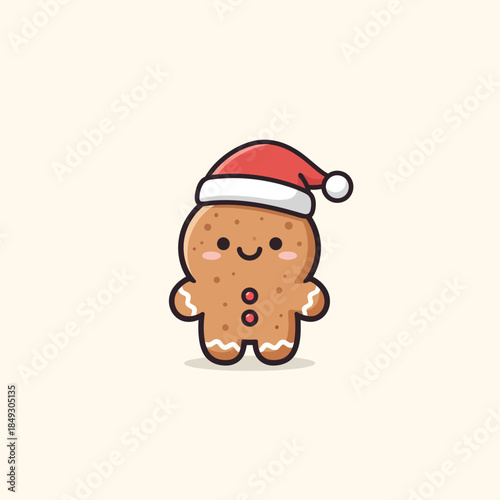 A cartoon gingerbread man wearing a Christmas hat on a white background