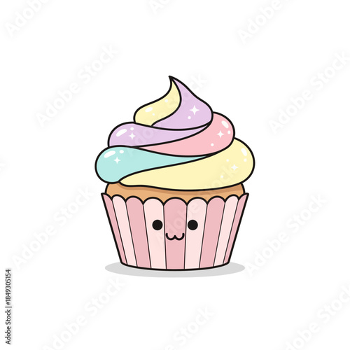 A cartoon cupcake with colorful swirled frosting and a smiling face on a plain white background