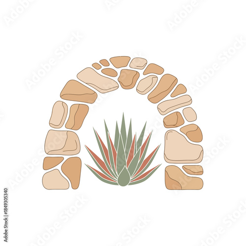 A serene agave plant thriving under a rustic stone archway