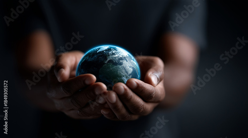 Hands holding planet Earth in dark background, global protection, sustainability concept, environmental care, save the planet, ecology, world responsibility, climate change awareness, copy space