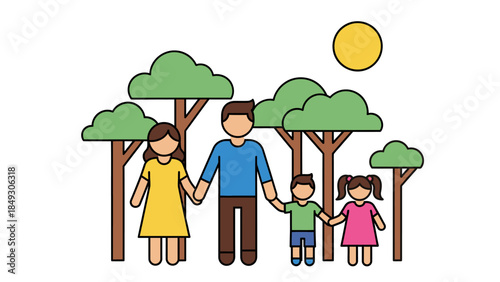 Happy family holding hands while walking in a green forest park with sun background."