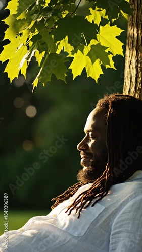 Man reclining under tree on sunny day relaxing with green leaves and sunlight outdoors