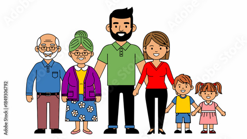 Big happy family cartoon illustration with grandparents, parents, and two children standing together on white background.