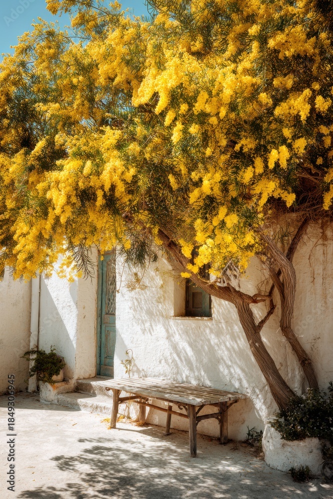 Obraz premium Yellow flowering tree provides shade in front of a white building with wooden table in a sunny outdoor space under clear sky during daytime