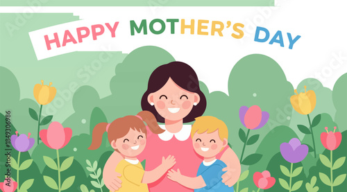 Happy Mother's Day Illustration with Mother Hugging Her Children