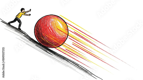 Businessman Pushing Large Red Ball Downhill Representing Business Momentum Initiative and the Snowball Effect Concept