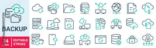 Backup web line icons. Web Hosting. server, data center, cloud hosting, vps, domain, ftp, internet. Editable stroke. Vector illustration