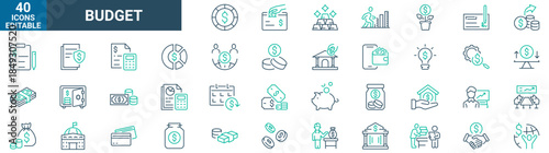Budget web icons in line style. Income, tax, savings, management, planning, expenses, wallet, receipt. Editable stroke. Vector illustration.