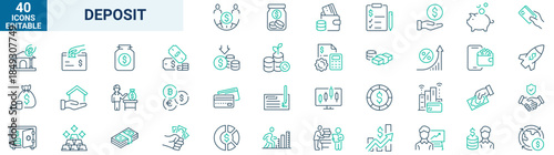 Deposite investment web icons in line style. income, money, business. Outline icon collection. Editable stroke. Vector illustration