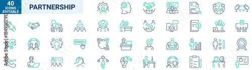 Partnership line web icons. Contains such icons as business, trust, collaboration, goal, teamwork, share, performance, knowledge and planning Editable stroke.