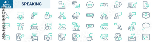 Speaking set of web icons in line style. Communication icons for web and mobile app. Containing people, communication, talking, discussion, speech bubble, team, support and more