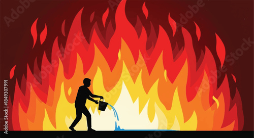 Small Figure Battling Large Fire Concept for Overcoming Adversity and Conflict Resolution