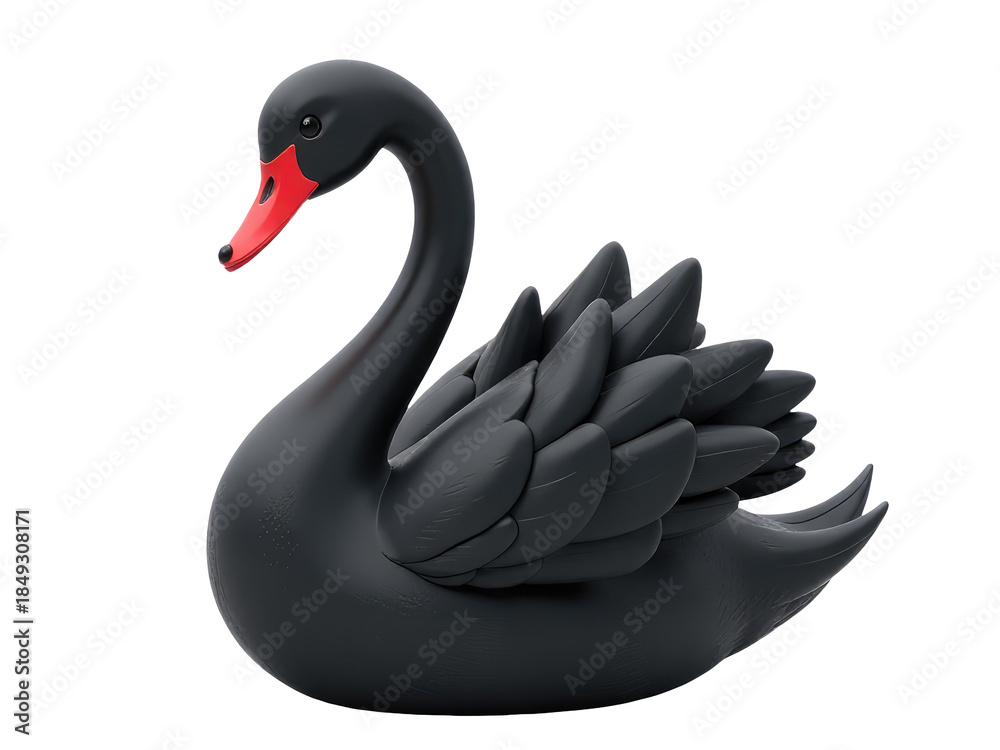 Fototapeta premium A close-up of a black swan's face with a bright red beak against a pure white background