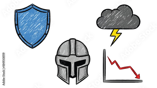 Financial Protection and Cybersecurity Icons Featuring Blue Shield, Knight Helmet, Storm Cloud, and Bear Market Downward Trend Graph