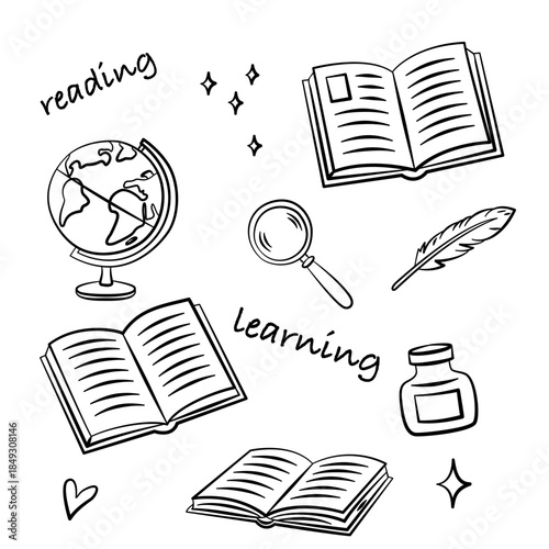 Vector doodle illustration of vintage books, learning time. Hand-drawn black and white line art perfect for lifestyle designs