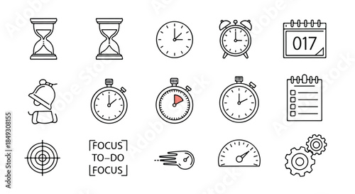 Comprehensive Time Management and Productivity Icon Set with Clocks Hourglass and Timers