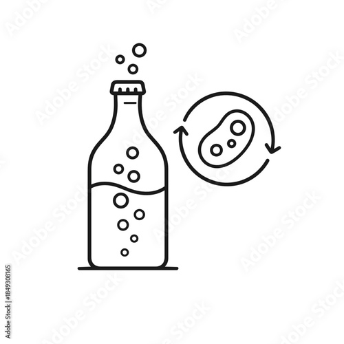 Line icon of a fermented drink bottle with bubbles and a bacteria symbol in a circular arrow, representing fermentation, probiotics, or kombucha brewing.