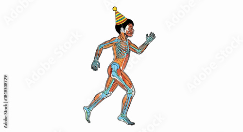 Running human anatomy illustration, muscles, bones, circulatory system, party hat. Human anatomy shows skeletal structure, musculature, blood vessels, internal view. Concept human anatomy for medical,