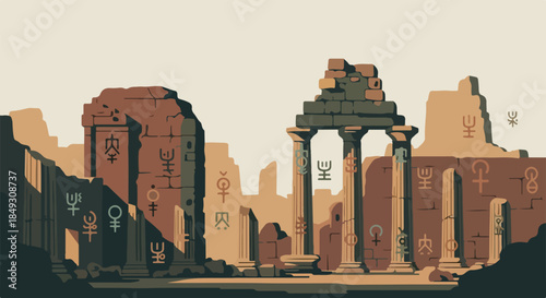 Pixel art ancient ruins depicting crumbling historical structures with mysterious symbols etched on stone columns. Ancient ruins reveal forgotten civilization mysteries,