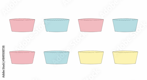Colorful containers in pink, blue, yellow tones arranged on white, showing simple form. Eight empty colorful containers displayed flat, ideal for graphic design elements, clean layouts.