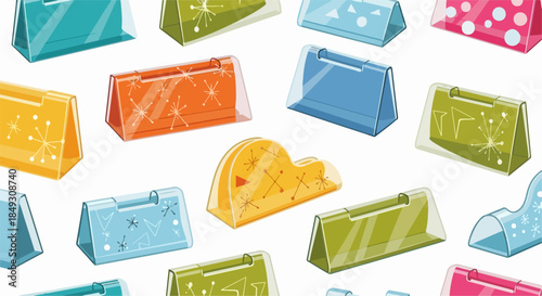 Colorful name tag holder pattern on white background. Assorted plastic name tag holder items feature various decorative patterns, vibrant colors. Ideal name tag holder display for events, offices,