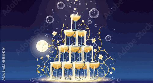 Sparkling champagne tower with golden liquid pouring through tiered glasses. Floral decor and bright bubbles create festive champagne tower ambiance, perfect for celebrations.