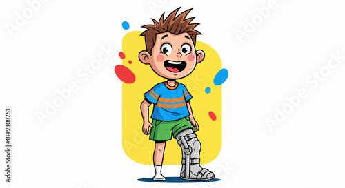 Smiling boy leg cast standing cheerfully after an accident. Boy leg cast depicts child in full leg brace, recovering from bone fracture. Concept boy leg cast for children's health clinic brochures,