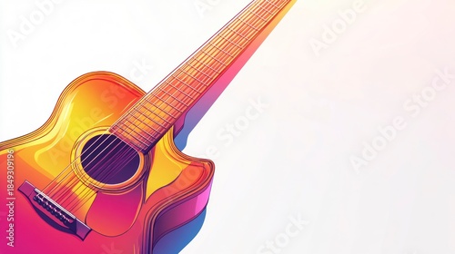 Vibrant acoustic guitar angled against a white background artistic rendering