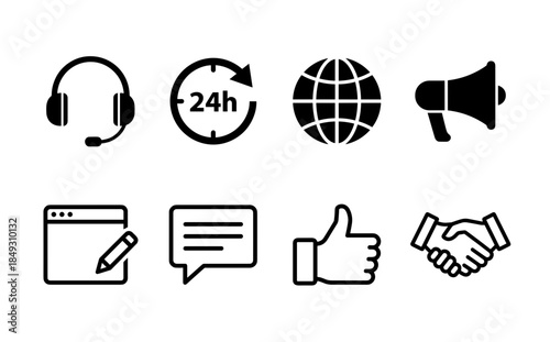 24 Hour Customer Service and Global Communication Icons for Online Business