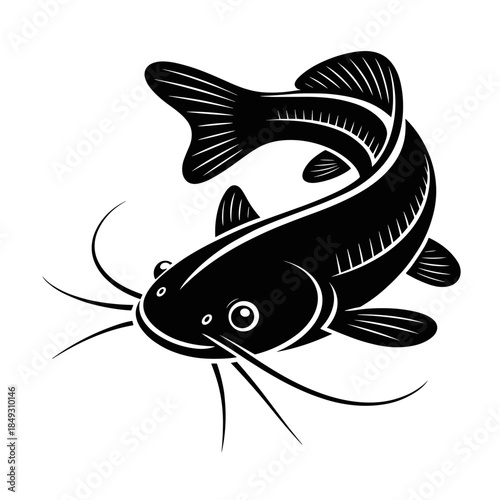 Black and White Silhouette of a Catfish Swimming Upward with Detailed Fin