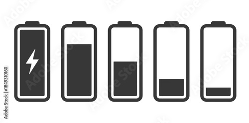 Battery Icon Set Showing Different Levels of Charge, Full to Empty on White Background