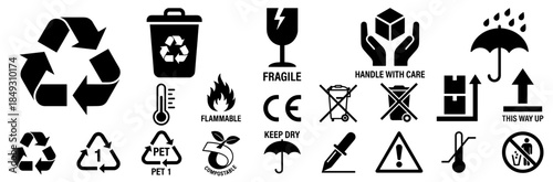 Collection of Black and White Recycling and Shipping Handling Symbol Icons Illustration