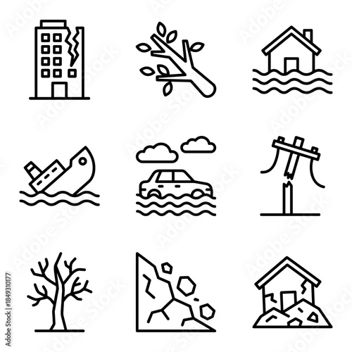 Natural Disasters Icons Showing Destruction Caused by Forces of Nature