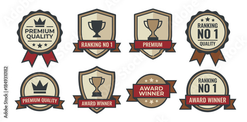 Vector Set of Retro Premium Quality Award Winner and Ranking Label Badges Isolated
