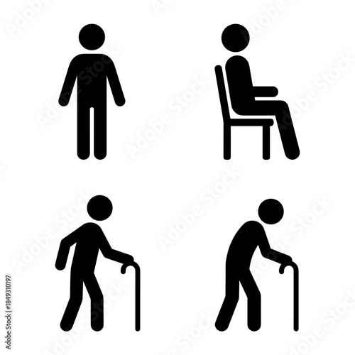 Black Icons of Human Life Cycle Stages Illustrating Person Standing Seated and Aging