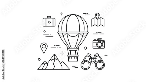 Travel icons featuring a hot air balloon and adventure gear silhouette
