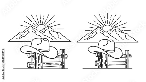 Mountain landscape with cowboy hat and fence a striking silhouette