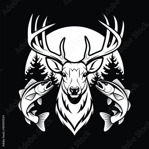 Deer head with fish and pine trees illustration