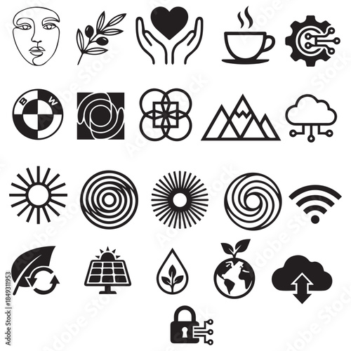 Minimalist Vector Icon Set with Sustainable Tech Eco Friendly Symbols and Abstract Line Art Elements