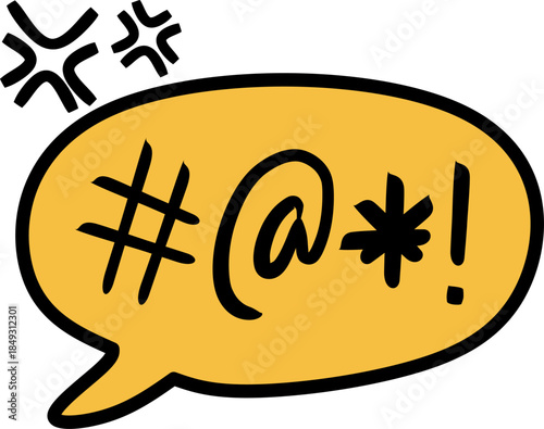 Hand drawn illustration of a yellow speech bubble with censorship symbols and angry expression signs representing frustration, anger, and emotional reaction concept