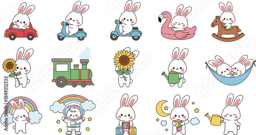 Cartoon bunnies in playful activities, cute animal characters, whimsical scenes, children’s theme, joyful expressions, educational asset, flat vector illustration