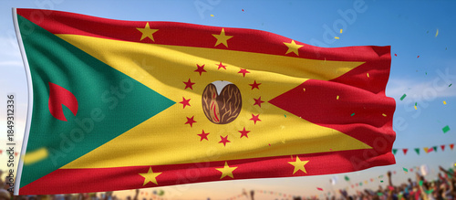 Vibrant Grenada flag waving with confetti in celebration