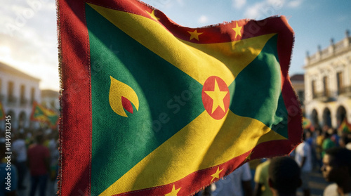 Vibrant Grenada flag waving in a lively outdoor celebration