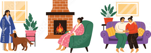 Cozy indoor moments with people relaxing, dog by window, fireplace, and couch companionship, flat vector illustration