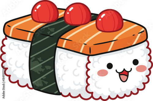 Cute sushi character with smiling face, salmon topping and seaweed wrap, flat vector illustration